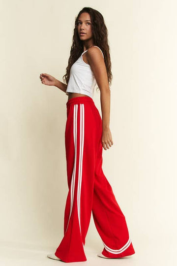 SOLID COTTON SIDE STRIPES WIDE LEG PANTS