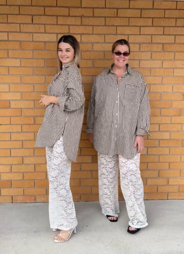 By Frankie - Striped Blouse And Lace Pant Set