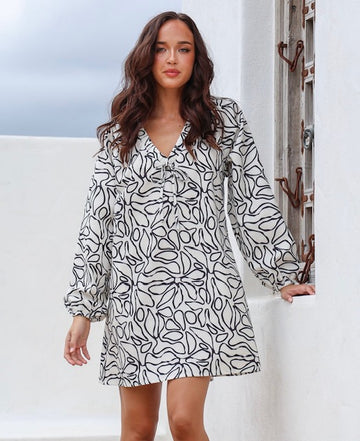 For Flora Black & White Mini Long Sleeve Dress