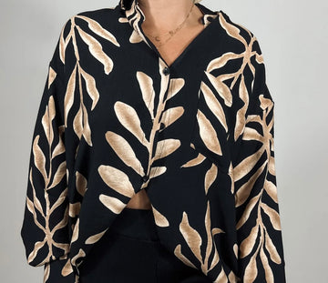 By Frankie Black and Brown Leaf Button Up Blouse
