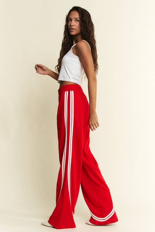 SOLID COTTON SIDE STRIPES WIDE LEG PANTS