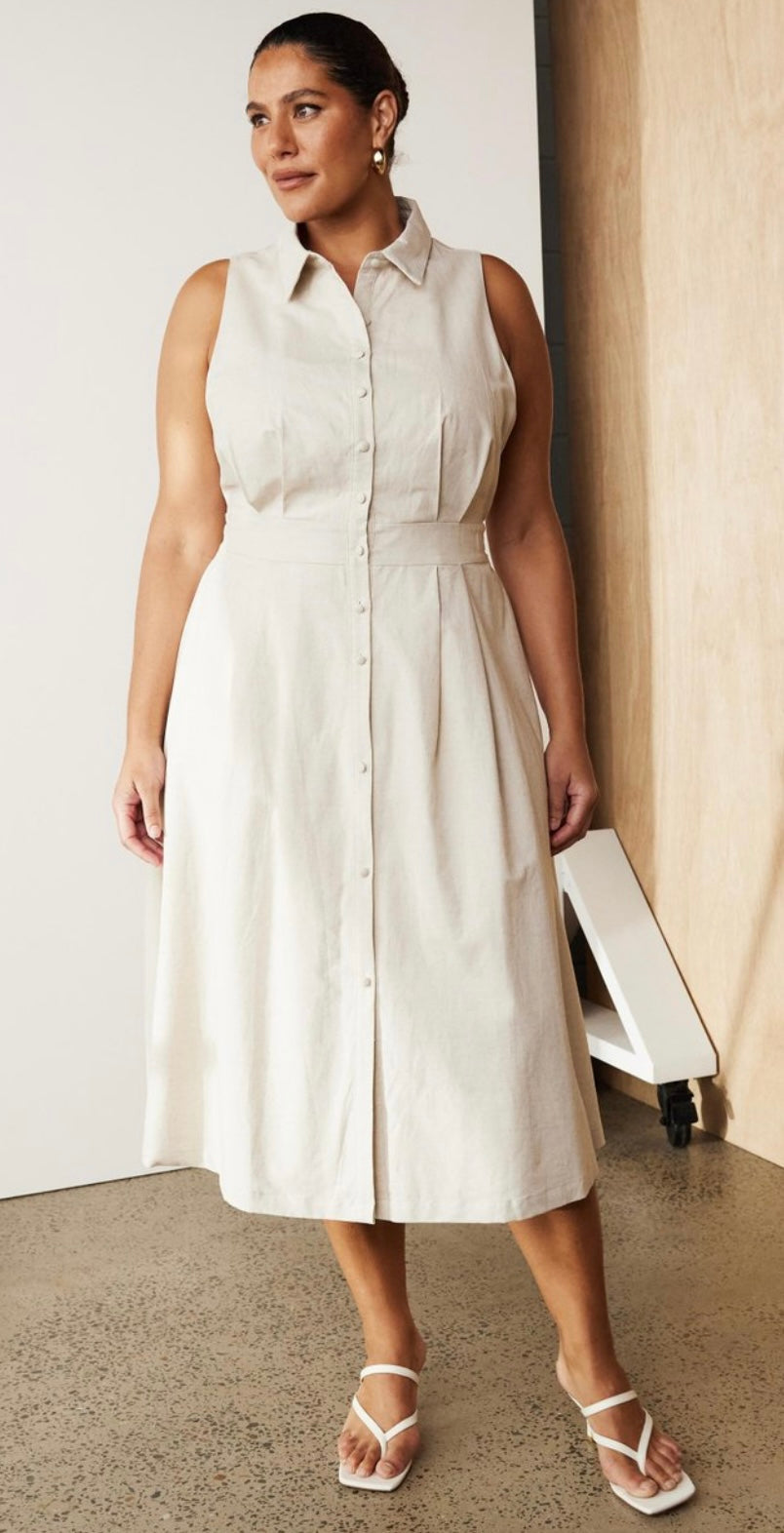 ATMOS & HERE Linen Collared Midi Dress