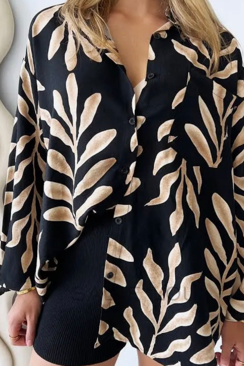 By Frankie Black and Brown Leaf Button Up Blouse
